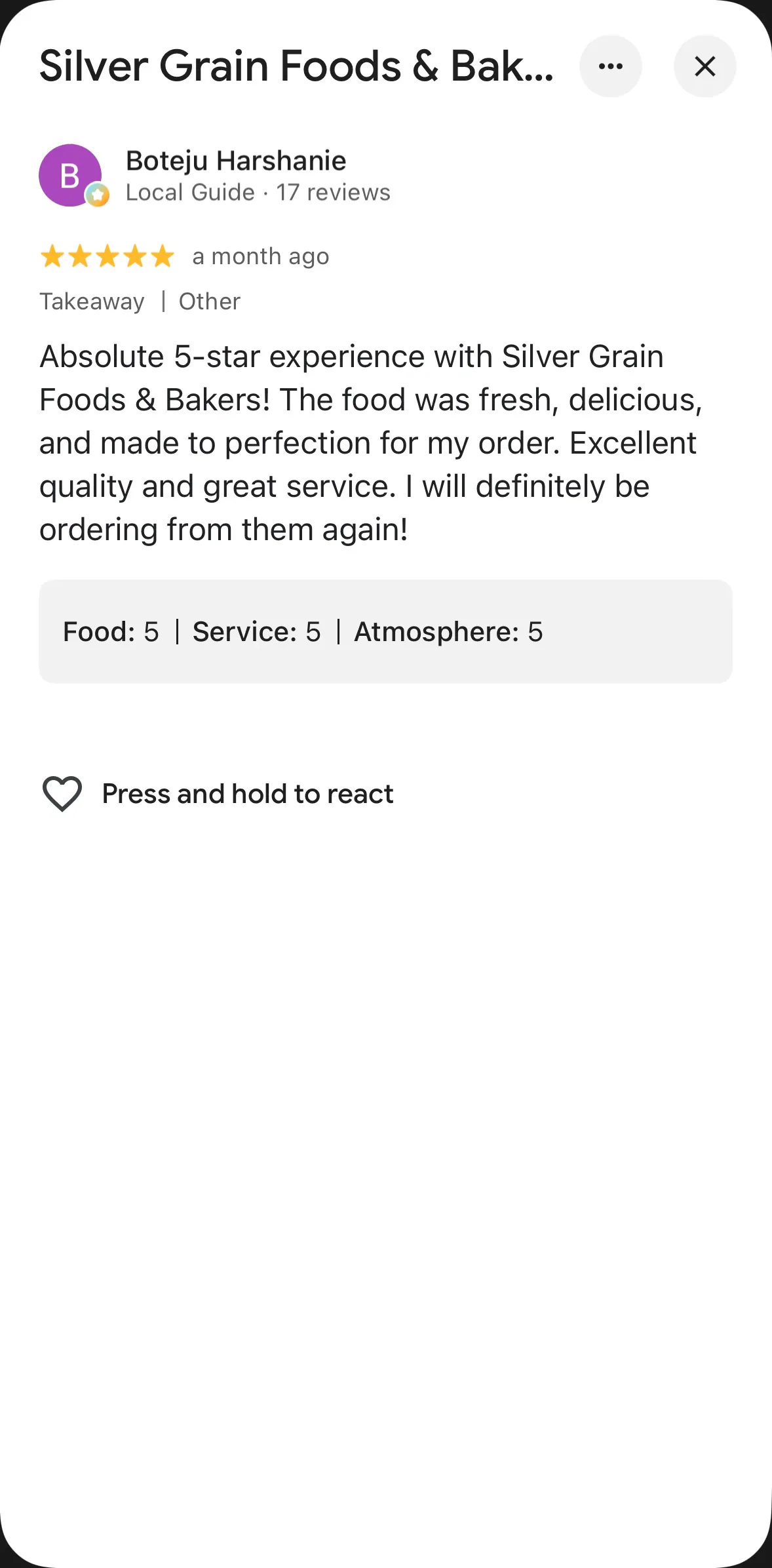 Google review 4 of 19 — Silver Grain Foods & Bakers