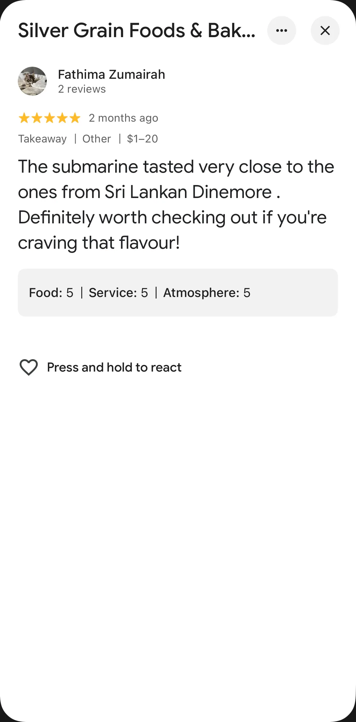 Google review 8 of 19 — Silver Grain Foods & Bakers